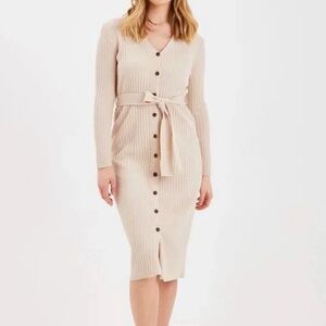 Ribbed Button Front Tie Waist Midi Sweater Dress